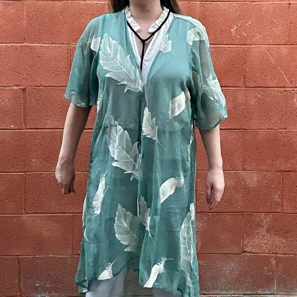 Green, Feather Embroidered Pattern Semi Sheer Long Bathing Suit Cover Up